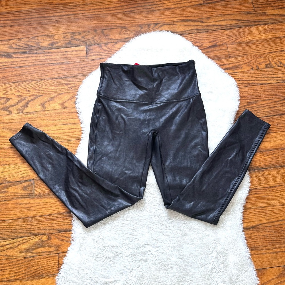 Spanx Black Faux Leather Power Waistband Leggings  Sz L